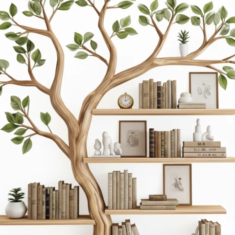 Freestanding Tree Bookshelf – Handcrafted Wooden Sculpture with Leafy Branch Shelves2