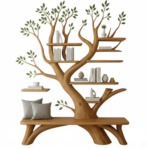 Handcrafted Tree Bookshelf & Bench Set