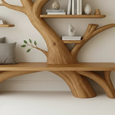 Handcrafted Tree Bookshelf & Bench Set2