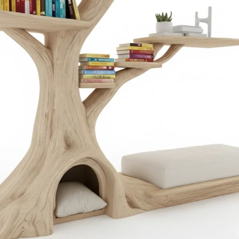 Handcrafted Tree Bookshelf with Cat House2