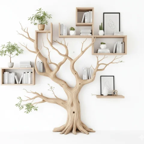 Handcrafted Tree Branch Bookshelf - Rustic Wooden Wall Decor