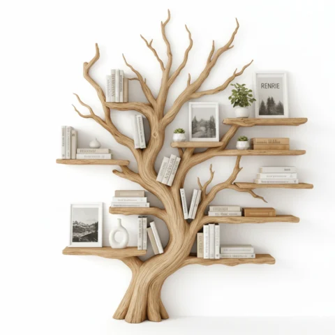 Rustic Wooden Oak Book Shelf tree craft for indoor living room Corner Indoor