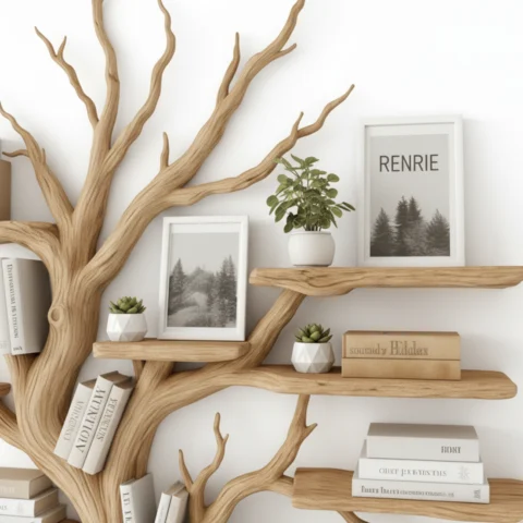 Rustic Wooden Oak book shelf tree craft for indoor living room Corner Indoor2