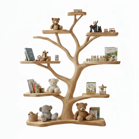 Tree-Shaped Wooden Shelf - Handcrafted Wall Art & Bookshelf