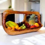VerdantGrain Hand-Carved Olive Wood Fruit Basket with Handle