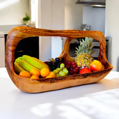 VerdantGrain Hand-Carved Olive Wood Fruit Basket with Handle